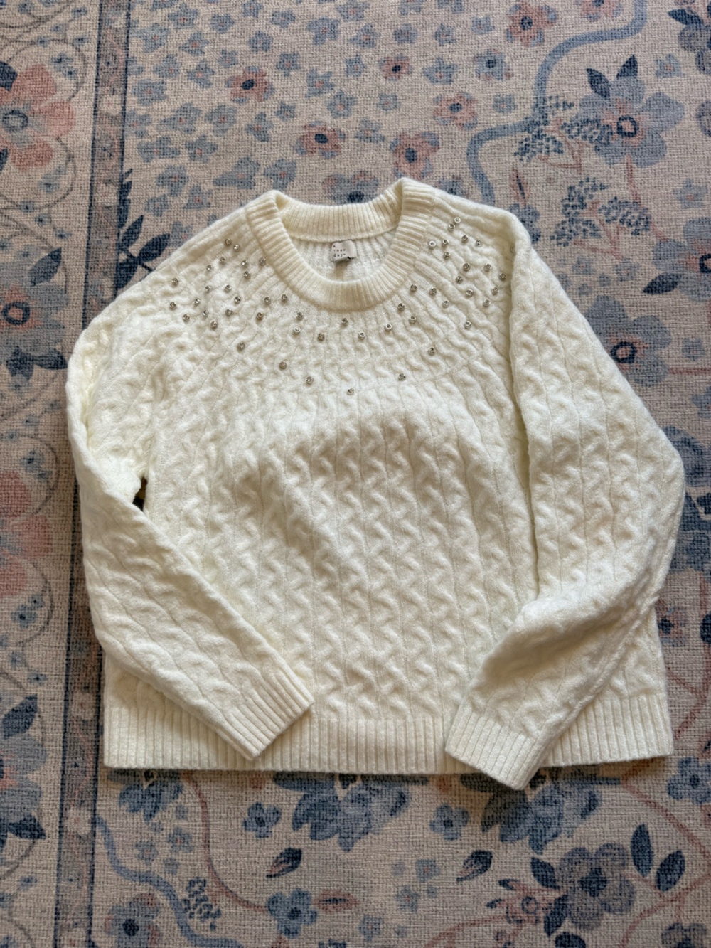 a new day Cream Cable-Knit Crewneck Sweater with Crystal Accents